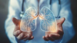 Abstract digital human lungs in the hands of a medical worker on a blurred background. Lung cancer awareness concept