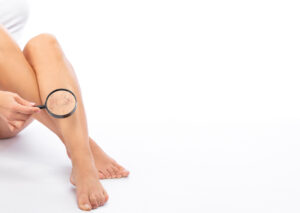 Beautiful slender woman sits on a couch in a spa salon. She shows varicose veins in the lower legs.Treatment of varicose veins and capillaries.